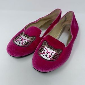 Lands End Velvet Cat Slip On Flats Size 6 7 UK 5 Hot Pink Kitty Wearing Glasses